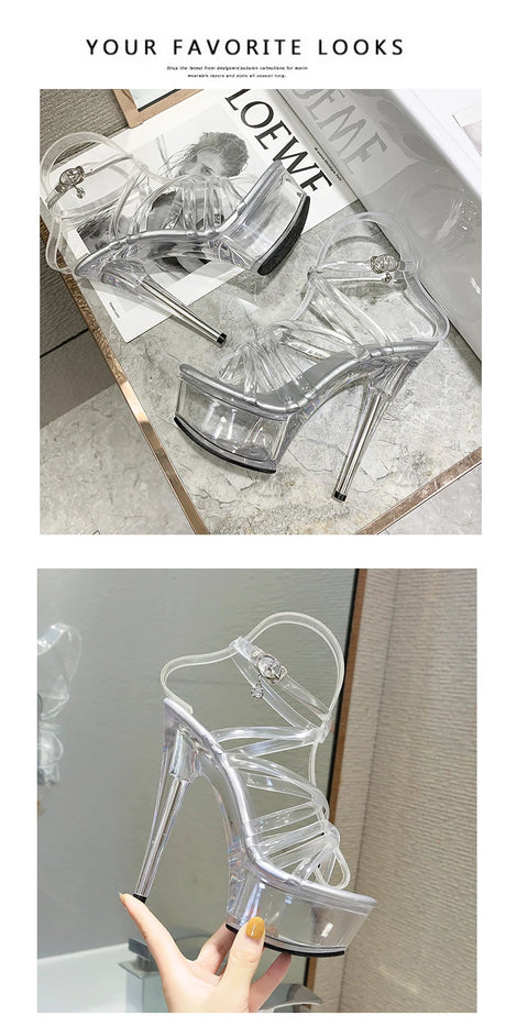 New Sexy Versatile Fashion Women's Shoes 15cm Thin Heel Transparent Catwalk High Heels Crystal Sandals Model Performance Shoes