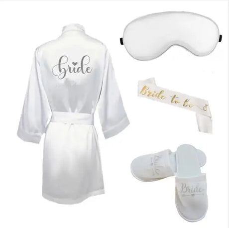 4pc set of bride robe eyemask slippers sash bridesmaid kimono wedding bridal party Bachelorette bathrobe getting ready robes