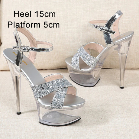 New Sexy Versatile Fashion Women's Shoes 15cm Thin Heel Transparent Catwalk High Heels Crystal Sandals Model Performance Shoes