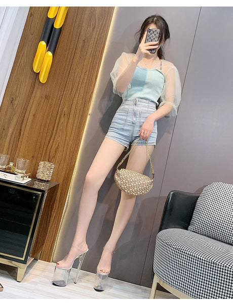 New Sexy Versatile Fashion Women's Shoes 15cm Thin Heel Transparent Catwalk High Heels Crystal Sandals Model Performance Shoes