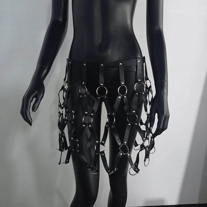 AKYZO Women Body Harness PU Leather 2 Piece Set Black Camis Punk Adjustable Garter Belt Hollow Out Weaved Belt Backless Skirts