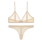 Sexy ladies see through elastic mesh bra set women wire free white underwear bra+thong lingerie set