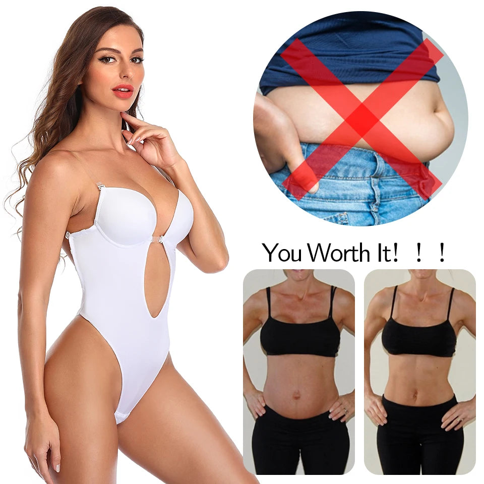 Backless Bodysuit Shapewear for Women Built-in Bra Multiple straps Thongs Body Shaper U Plunge Seam-free Faja with Open Crotch