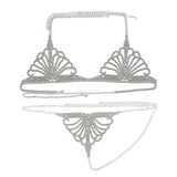 Fashion Hollow Rhinestone Mesh Bra and Thong Set Lingerie Women's Decorations Underwear Festival Bodies Chain Jewelry Harness