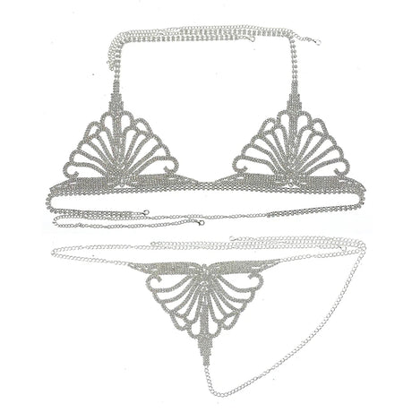 Fashion Hollow Rhinestone Mesh Bra and Thong Set Lingerie Women's Decorations Underwear Festival Bodies Chain Jewelry Harness