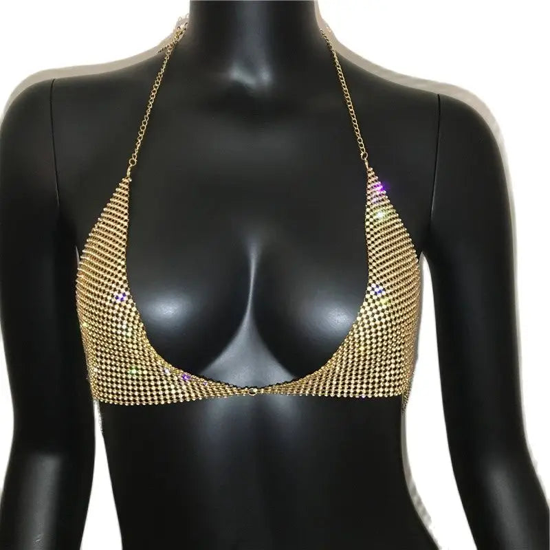 FestivalQueen Sequined Tops for Women Crystal Diamonds Boob Bra Party Club Metal Strap Rhinestone Bras Silver and Gold