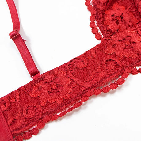 Varsbaby 4pcs/set Women's Underwear Set Lace Sexy Lingerie Set Wireless Deep V Bra Sexy Bra G-string Garter And Stockings Set