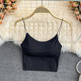 Sexy solid color crop tops sports spaghetti strap tanke top women built in bra off shoulder sleeveless omighty camisole hot