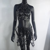 AKYZO Women Body Harness PU Leather 2 Piece Set Black Camis Punk Adjustable Garter Belt Hollow Out Weaved Belt Backless Skirts