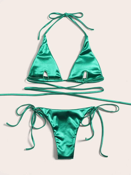 Wrap Around Halter Metallic Satin Bikini Women Swimwear Female Swimsuit Two-pieces Bikini Set Brazilian Bathing Suit Swim Lady