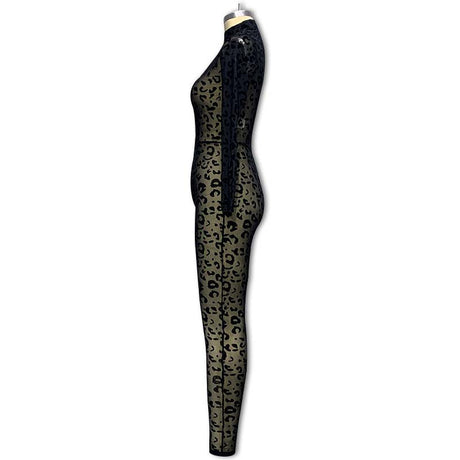 Women European Style Sexy Flocking Sheer Jumpsuit Long Sleeve Slim Fit Bodycon One Piece Outfit Fashion Party Clubwear