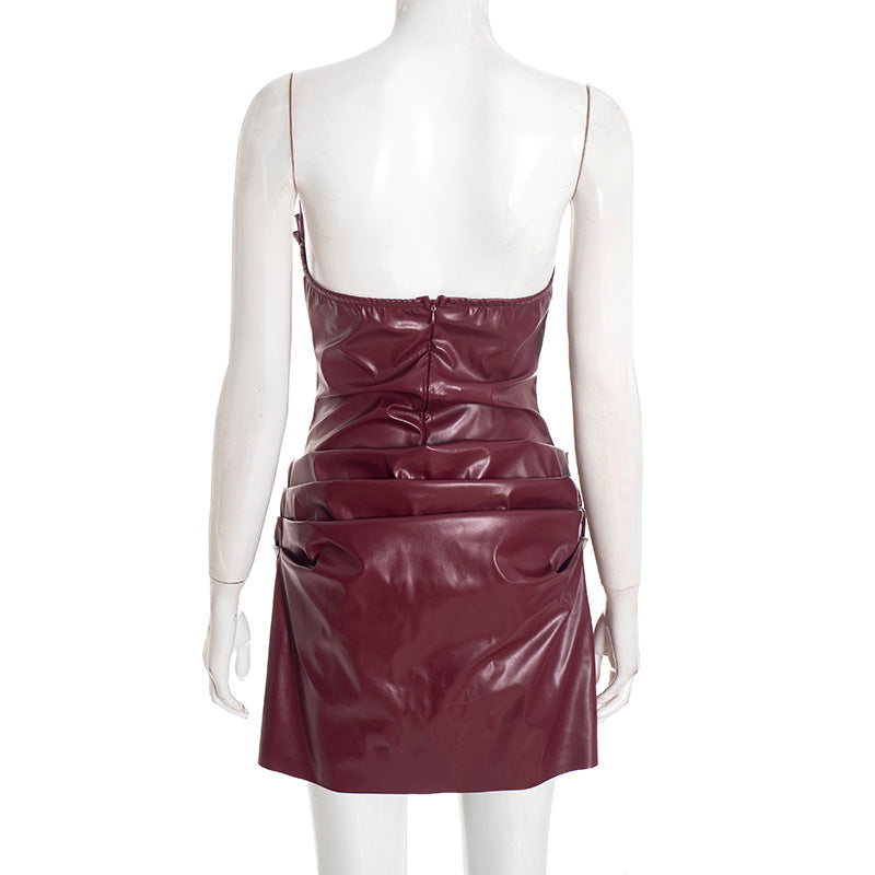 Chaxiaoa PU Leather Off-shoulder Strapless Sexy Mini Dress Women Gown Elegant Backless Sleeveless Ruched Club Party Dresses