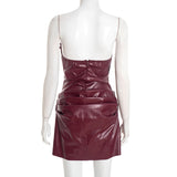Chaxiaoa PU Leather Off-shoulder Strapless Sexy Mini Dress Women Gown Elegant Backless Sleeveless Ruched Club Party Dresses