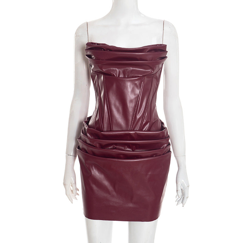 Chaxiaoa PU Leather Off-shoulder Strapless Sexy Mini Dress Women Gown Elegant Backless Sleeveless Ruched Club Party Dresses