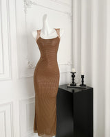 Sexy Square Collar Mesh Patchwork Diamonds Long Dress Women Backless Shiny Rhinestone Slim Dresses Evening Party Cocktail Gowns