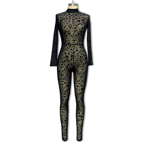 Women European Style Sexy Flocking Sheer Jumpsuit Long Sleeve Slim Fit Bodycon One Piece Outfit Fashion Party Clubwear