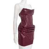 Chaxiaoa PU Leather Off-shoulder Strapless Sexy Mini Dress Women Gown Elegant Backless Sleeveless Ruched Club Party Dresses