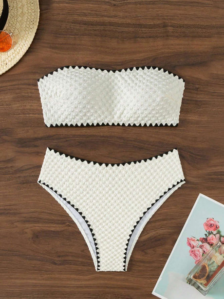 Swimwear White 2 Piece Strapless Swimsuit for Women Sexy Bandeau Backless Bikini Set Lace-up Patchwork Bathing Suit 2025 New