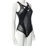 AltGoth Cyber Punk Y2k Mesh Bodysuit Women Streetwear Dark Gothic Sleeveless Patchwork Sexy See Through Hollow Out Onesie Female