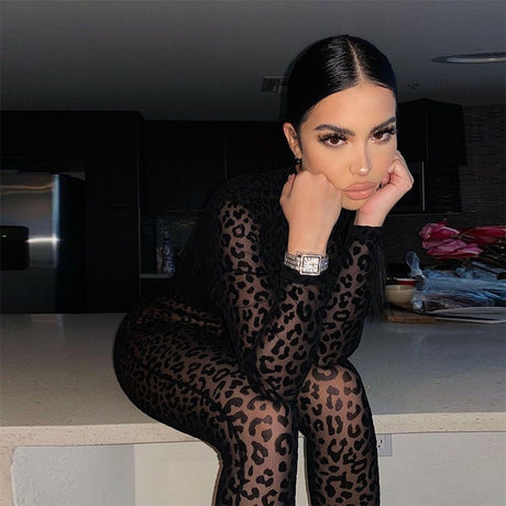 Women European Style Sexy Flocking Sheer Jumpsuit Long Sleeve Slim Fit Bodycon One Piece Outfit Fashion Party Clubwear