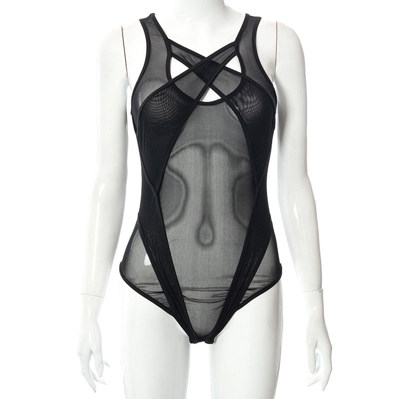 AltGoth Cyber Punk Y2k Mesh Bodysuit Women Streetwear Dark Gothic Sleeveless Patchwork Sexy See Through Hollow Out Onesie Female