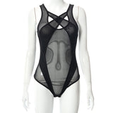 AltGoth Cyber Punk Y2k Mesh Bodysuit Women Streetwear Dark Gothic Sleeveless Patchwork Sexy See Through Hollow Out Onesie Female