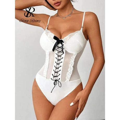 Nolia Hot Girl Spliced Sexy Playsuits Fashion Strap Lace Up Backless Sheer Rompers Ruffles Hotsweet Corset Bodysuits 5d4;