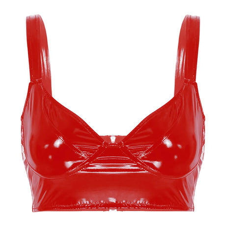 Womens Lingerie Fashion Wetlook Faux Leather Bra Sexy Wire-free No Pad Bra Top Brassiere Raves Pole Dances Costume Clubwear