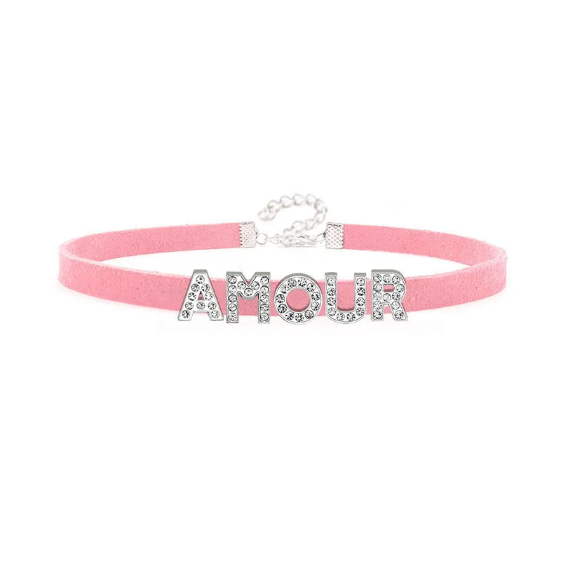Sexy Rhinestone Letters Hotwife Collar Choker for Women Men DIY Customized Necklaces Pink Suede Leather Cosplay Jewelry Gift