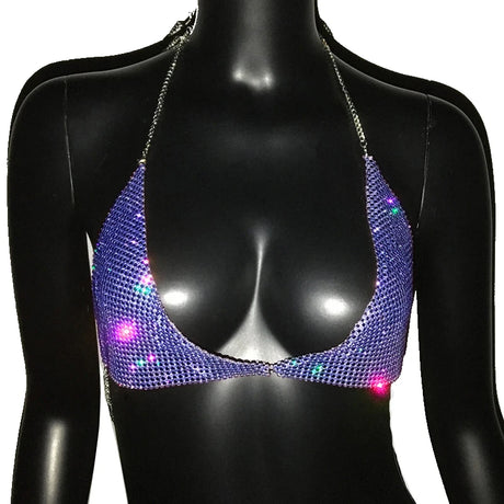 FestivalQueen Sequined Tops for Women Crystal Diamonds Boob Bra Party Club Metal Strap Rhinestone Bras Silver and Gold