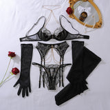 Romantic Women's Lingerie Intimate Sets Elegant Chains Bra Belt Thong 3PC with Gloves Stockings Shiny Intimate Honey Underwear