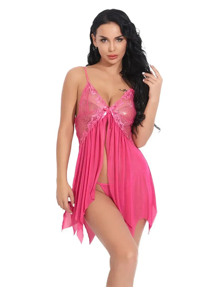 Pink Lace Mesh Nightgowns Sleepwear Women Sexy Lingerie Babydoll Revealing Plunge Neckline and Thigh-High Split Dress Underwear