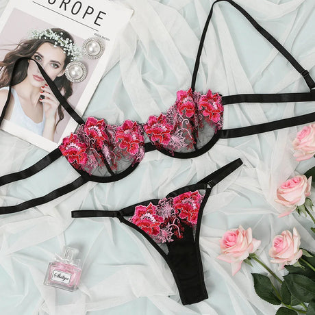 Sexy Lingerie Set Erotic Thong Push-up Bra Women's Underwear Set Panty Bra Set Sexy Lace Embroidery Lingerie Transparent Bra