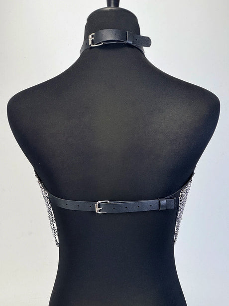 Women Gothic PU Leather Chest Harness Belt with Chain Bra Strap Adjustable Punk Y2K Body Harness Festival Layering Accessory