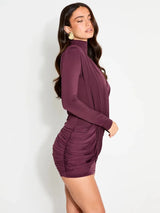 Mozision High Neck Shoulder Pads Long Sleeve Sexy Mini Dress Women Draped Cross Front Ruched Slim Bodycon Nightclub Party Dress