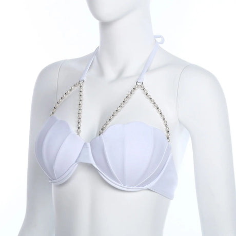 Women Shiny Bikini Bra Top Halter Neck Sheel Mermaid Swimwear Bead Chains Padded Bra Swim Tops Hawaii Beach Party Bathing Suit