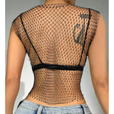 Sexy Top Women Shiny Rhinestone Fishnet Women Y2K Tank Crop Tops See Through Summer Beach Cover Up Tops Party Nightclub Clothing