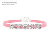 Sexy Rhinestone Letters Hotwife Collar Choker for Women Men DIY Customized Necklaces Pink Suede Leather Cosplay Jewelry Gift