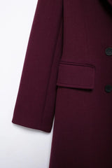 HH Women Fashion Burgundy Coat Double Breasted Long Sleeve Lapel Blends Jacket Autumn Winter High Street Outerwear