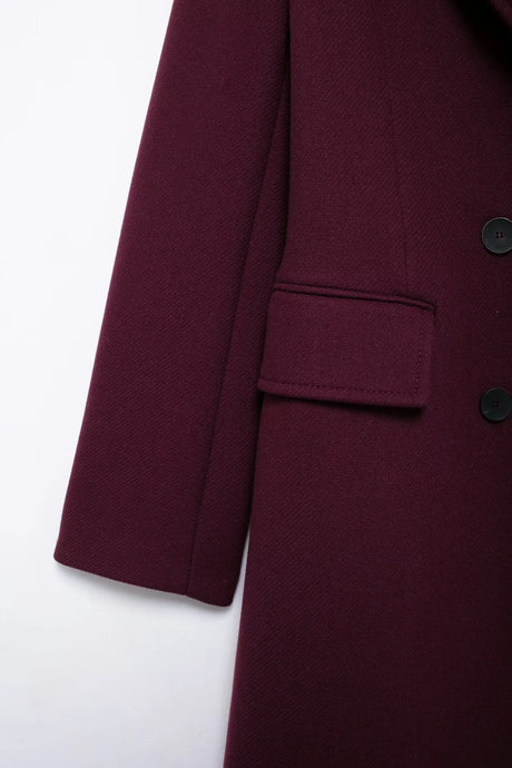 HH Women Fashion Burgundy Coat Double Breasted Long Sleeve Lapel Blends Jacket Autumn Winter High Street Outerwear