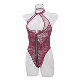Sexy Zipper Front Lace Bodysuit High Cut Mesh Teddy Lingerie Women Halter Neck See Through Body Stocking Erotic Costume Purple