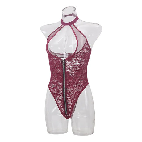 Sexy Zipper Front Lace Bodysuit High Cut Mesh Teddy Lingerie Women Halter Neck See Through Body Stocking Erotic Costume Purple