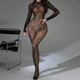 Sexy Lace See-Through Bodysuit Long Sleeve Fishnet Jumpsuits Elastic Night Club Jump Suits for Women Sexy Pole Dancing Overalls