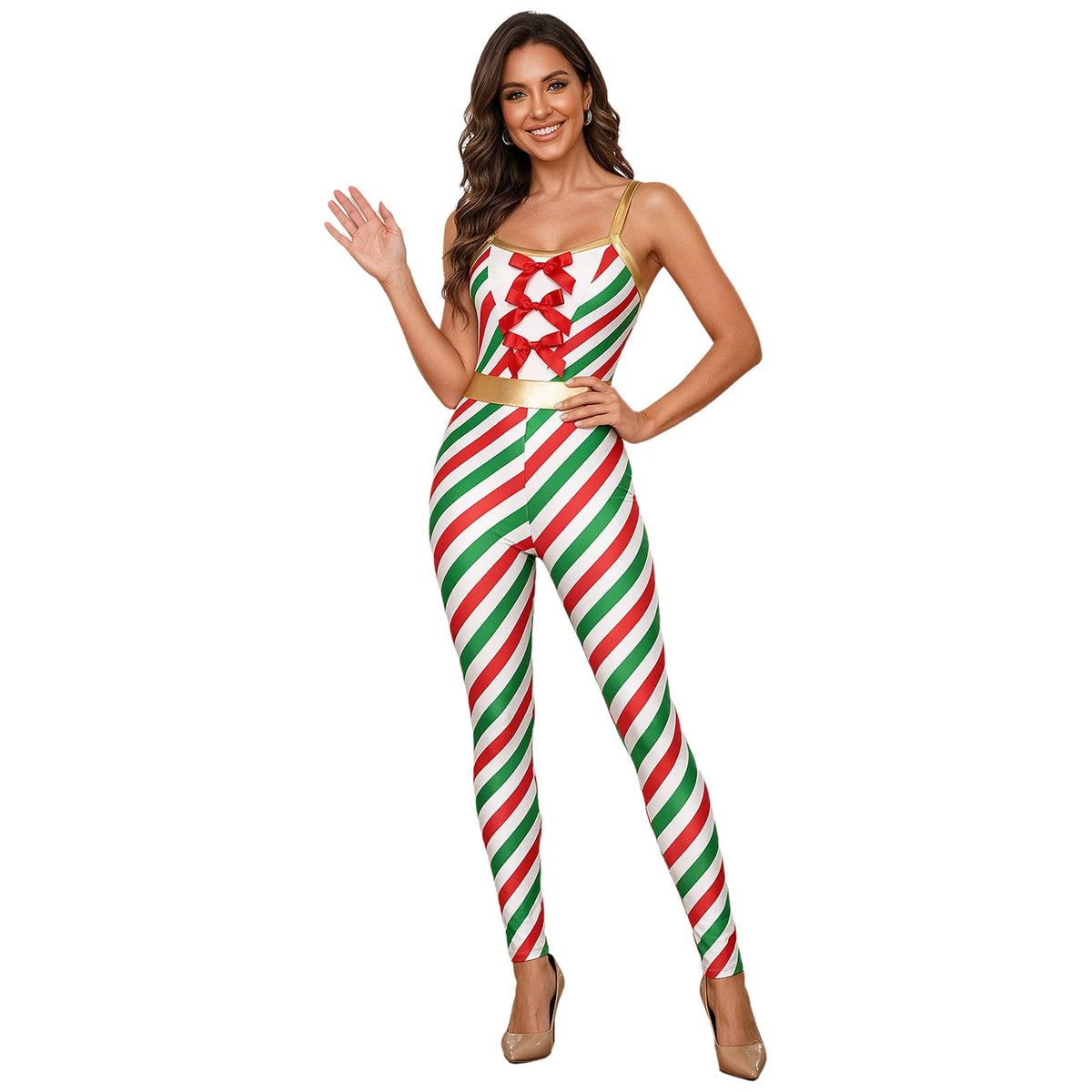 Christmas Candy Cane Women Cosplay Jumpsuit Gold Waistband Spaghetti Strap Romper Holiday Fancy Dress Xmas Themed Party Costume