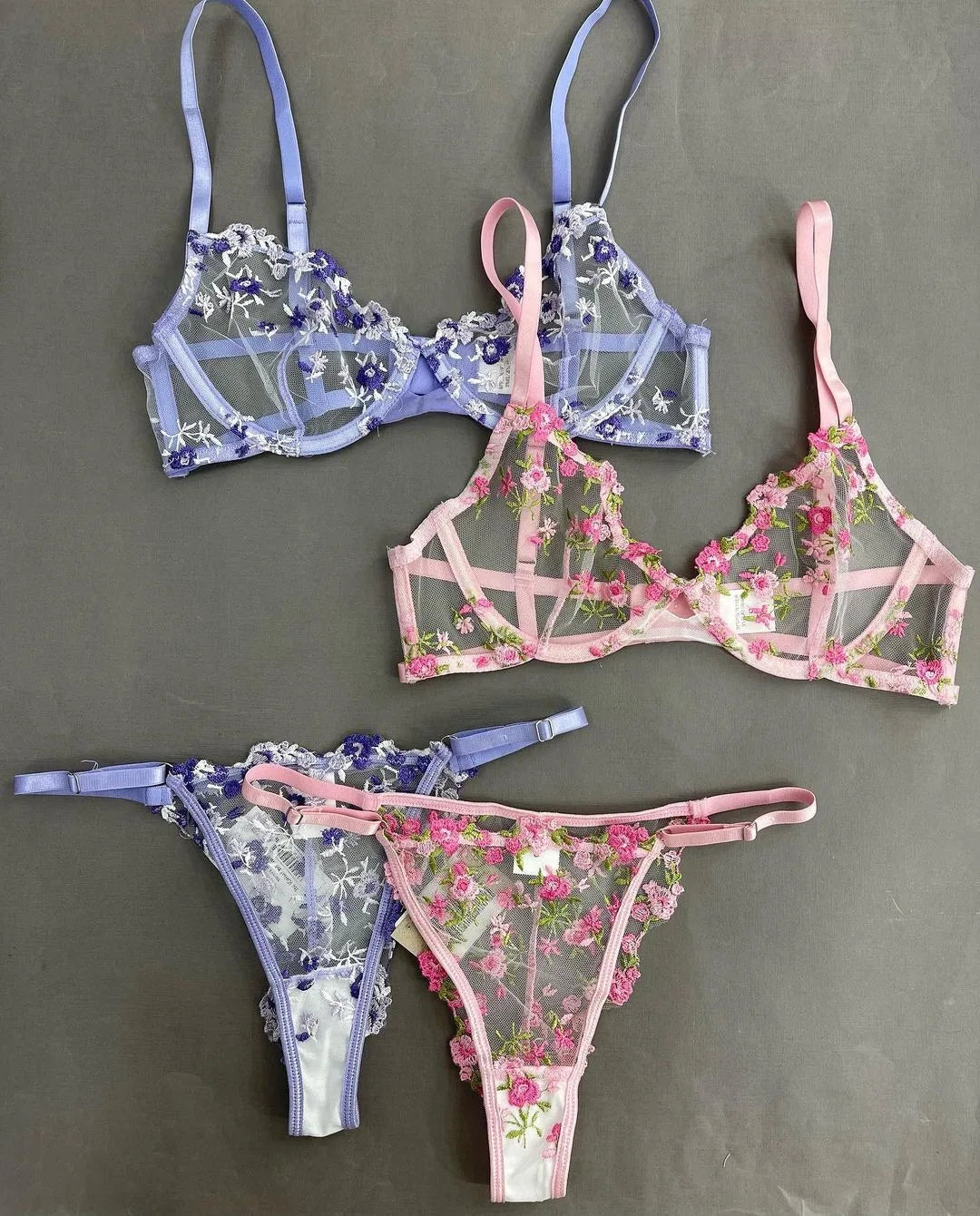 Fairy Lingerie Set Underwire Transparent Lace Bra Panty Floral Underwear for Women