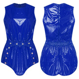 Women One Piece Adaptive Pajama Nightwear Shiny Metallic Sleeveless Buttoned Sleeveless Jumpsuit Waterproof Rompers Bodysuit