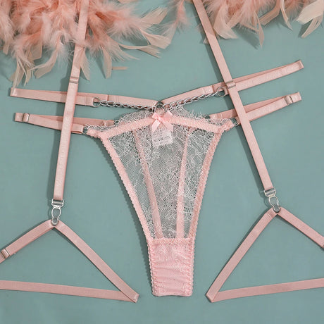 3-Piece Feather Decorated Lace Exotic Sets Women Sexy Patchwork Lingerie Set Chain Bra Panty Garter Underwear Kit For Female
