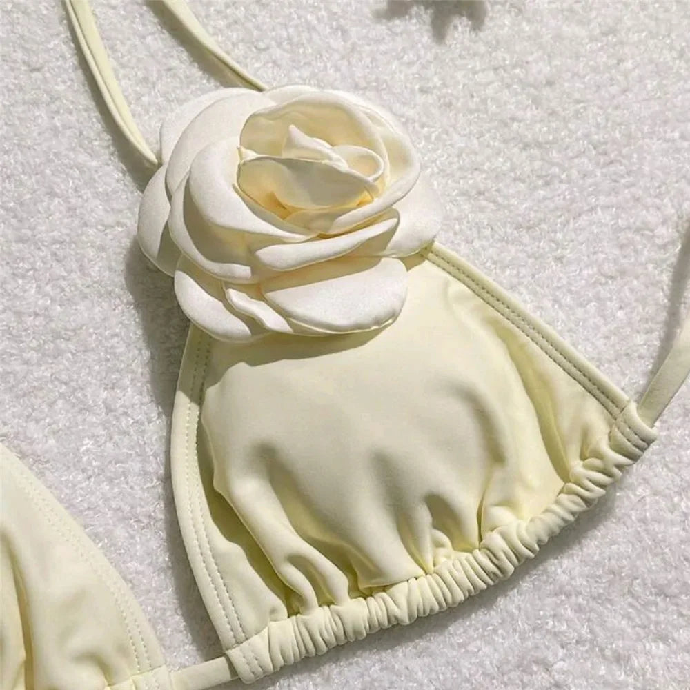 Sexy Flower Bandeau Swimwear Thong Bikini Women Lace-up Swimsuits Swimming Bathing Suit Brazilian Bikinis Set Mujer Biquini