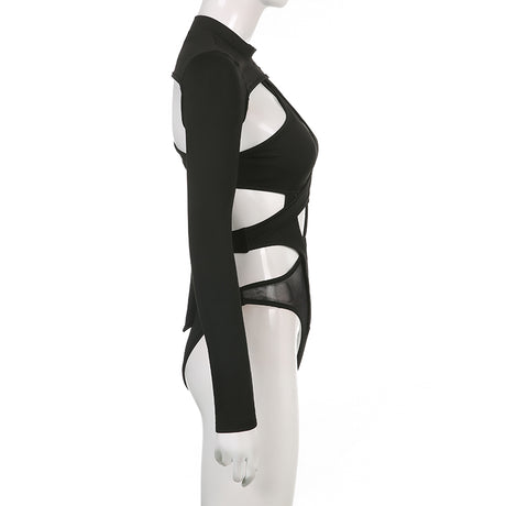 Women Bodysuits Long Sleeve High Neck Cut Out Leotard Body Top Y2K Gothic Club Shirts Summer Fall Streetwear