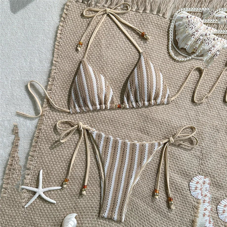 Pink Striped Print Halter String Triangle Bikinis Sets Micro Thong Sexy Swimsuit Women 2026 Ladies Swimwear Bead Bikini Bather
